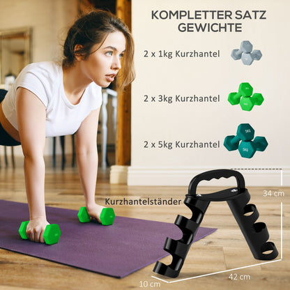 SPORTNOW Dumbbell Set 6 Dumbbells with Foldable Dumbbell Stand, 2 x 1kg, 2 x 3kg, 2 x 5kg Hex Dumbbells, Kettlebell for Fitness, Gymnastics, Home