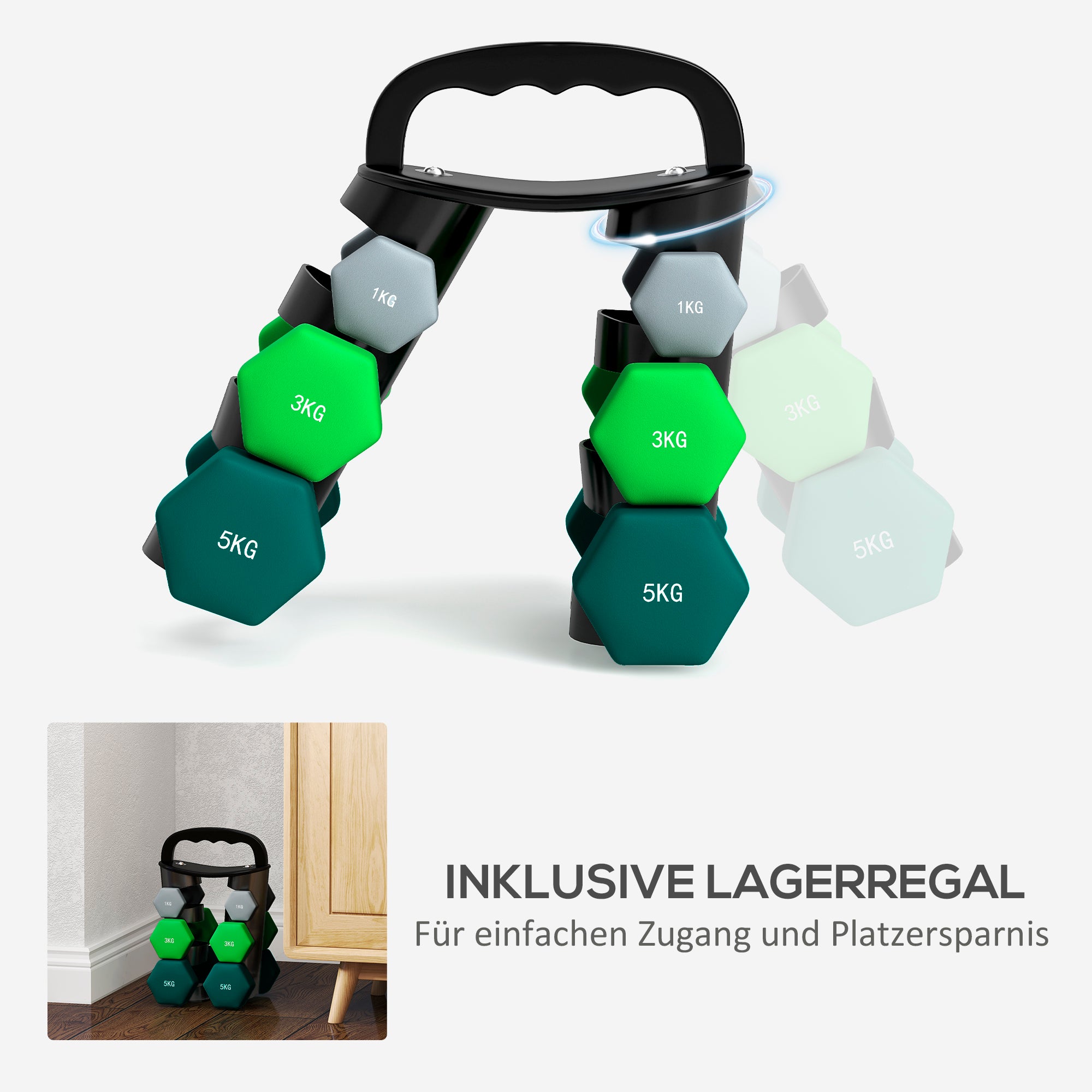 SPORTNOW Dumbbell Set 6 Dumbbells with Foldable Dumbbell Stand, 2 x 1kg, 2 x 3kg, 2 x 5kg Hex Dumbbells, Kettlebell for Fitness, Gymnastics, Home