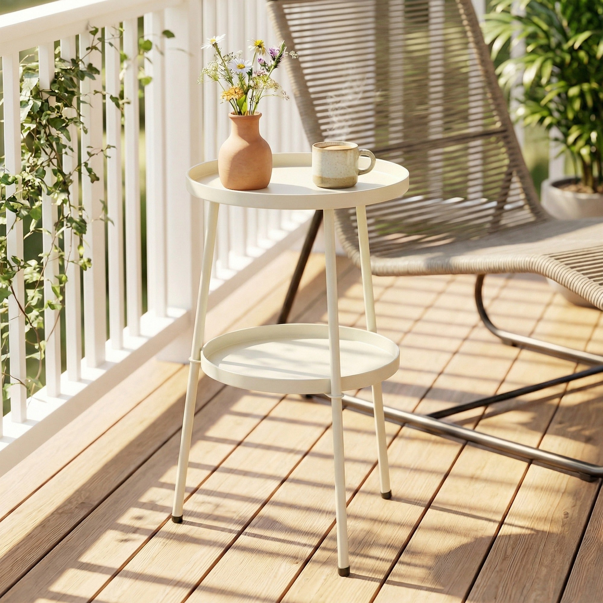 Round Patio Side Table Ø36 cm (14.2 in) – Metal Balcony & Camping Table, Cream White