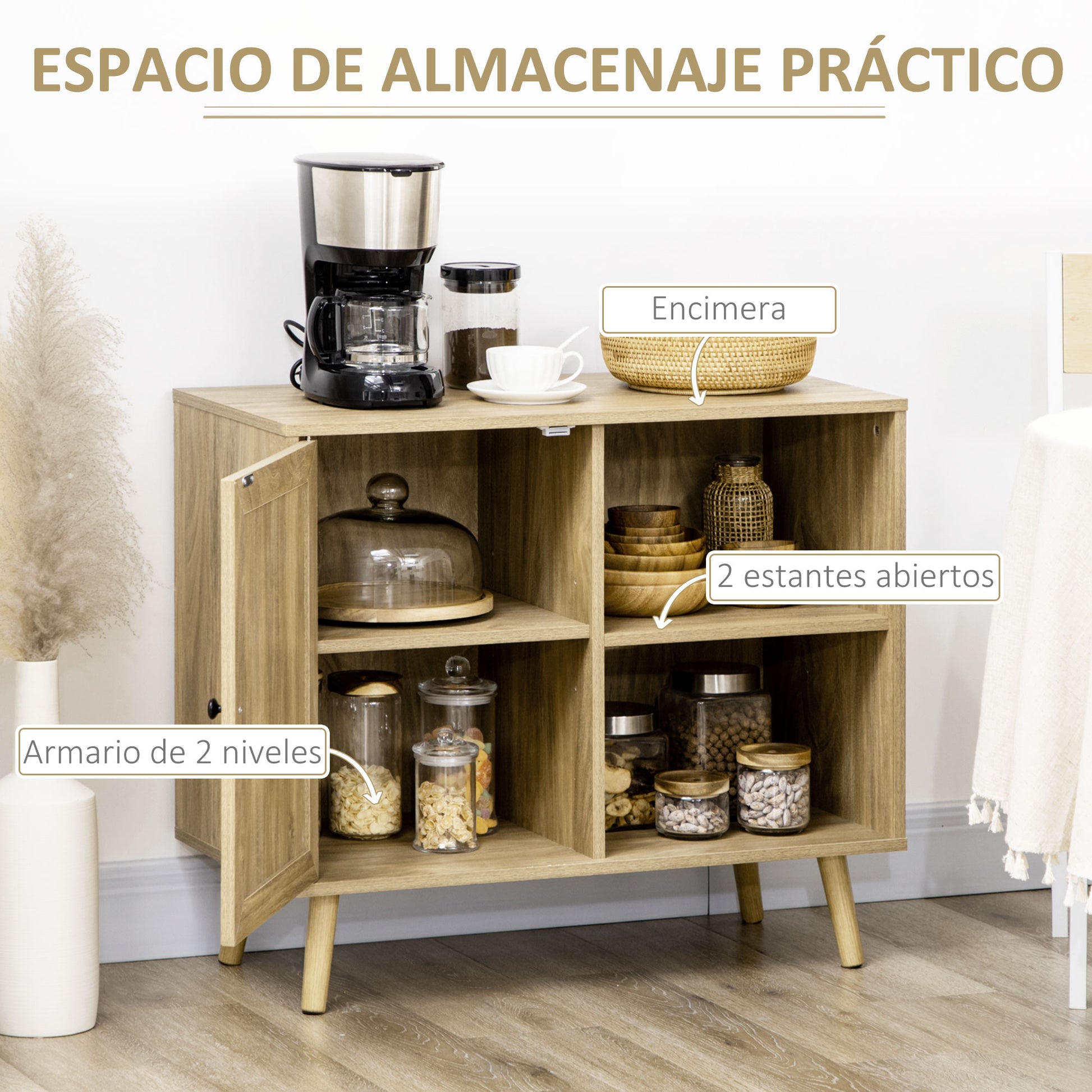 Kitchen Sideboard Buffet Cabinet with Rattan Door and 2 Storage Shelves for Dining Room 80x39x70 cm Natural