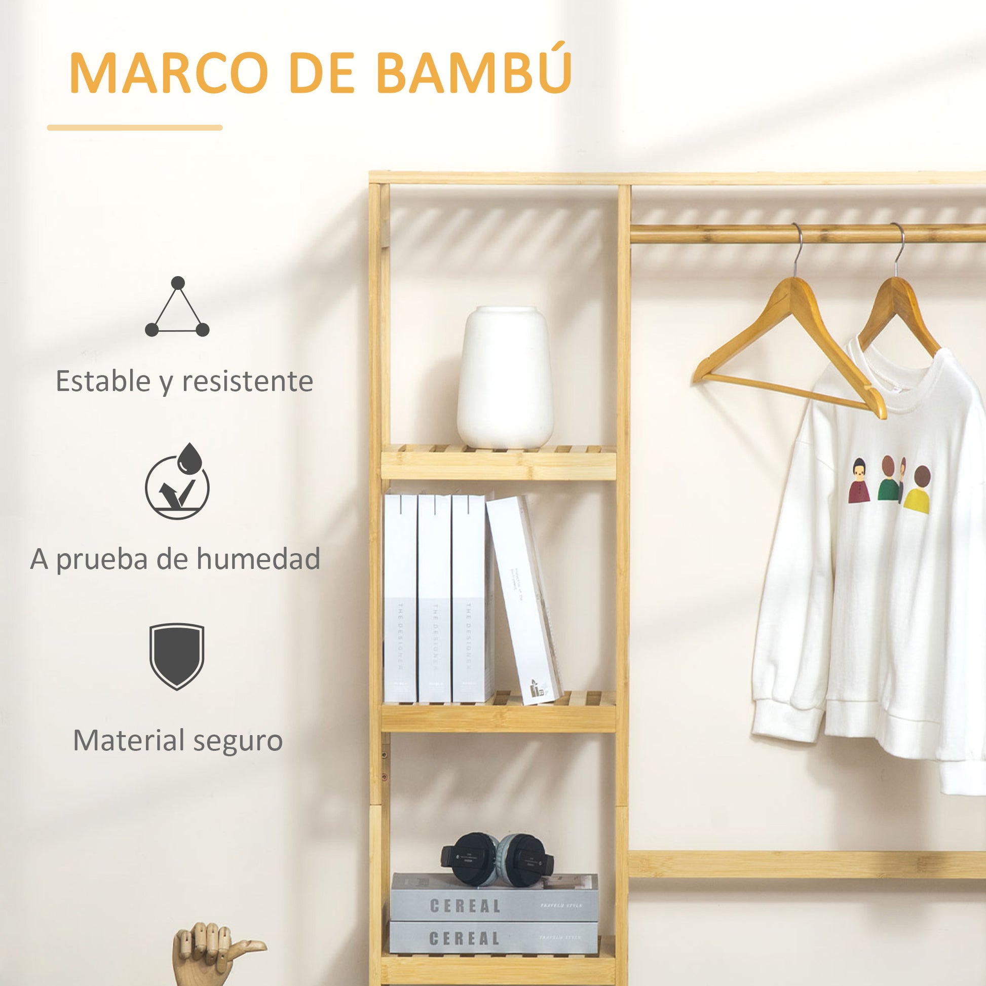 Bamboo Coat Rack with 4-Tier Shelf, Bottom Rod, and Side Hooks for Clothes Bags Bedroom 90x30x155 cm Natural