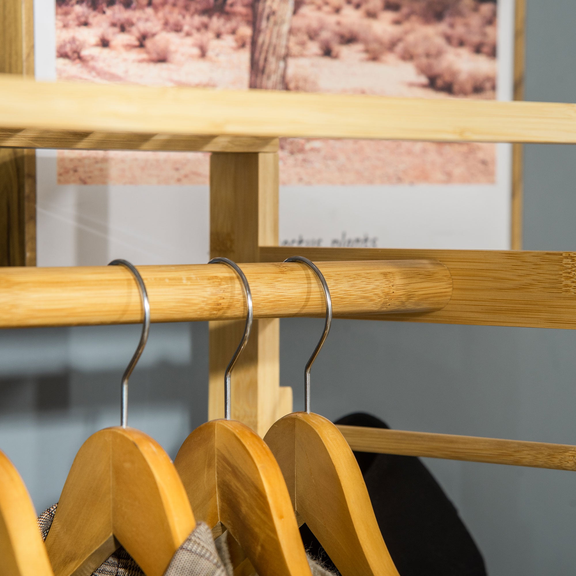 Bamboo Coat Rack with 4-Tier Shelf, Bottom Rod, and Side Hooks for Clothes Bags Bedroom 90x30x155 cm Natural