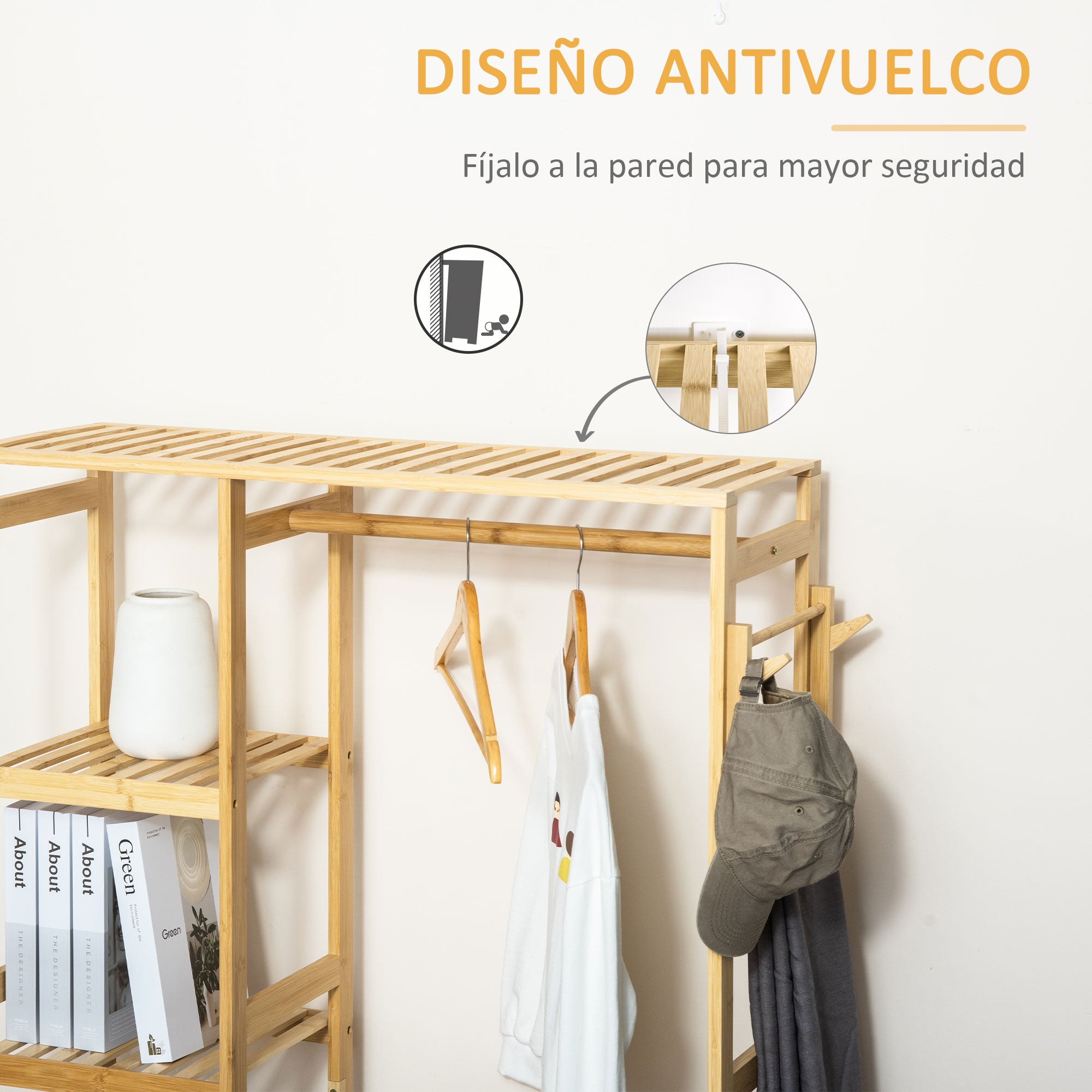 Bamboo Coat Rack with 4-Tier Shelf, Bottom Rod, and Side Hooks for Clothes Bags Bedroom 90x30x155 cm Natural
