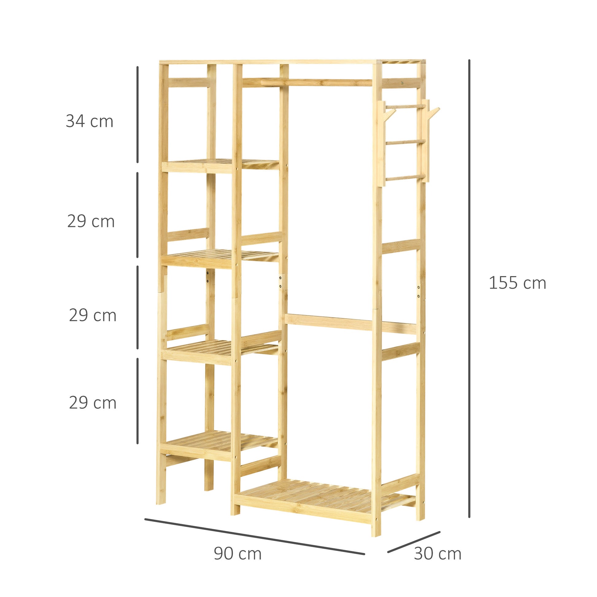 Bamboo Coat Rack with 4-Tier Shelf, Bottom Rod, and Side Hooks for Clothes Bags Bedroom 90x30x155 cm Natural