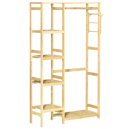 Bamboo Coat Rack with 4-Tier Shelf, Bottom Rod, and Side Hooks for Clothes Bags Bedroom 90x30x155 cm Natural