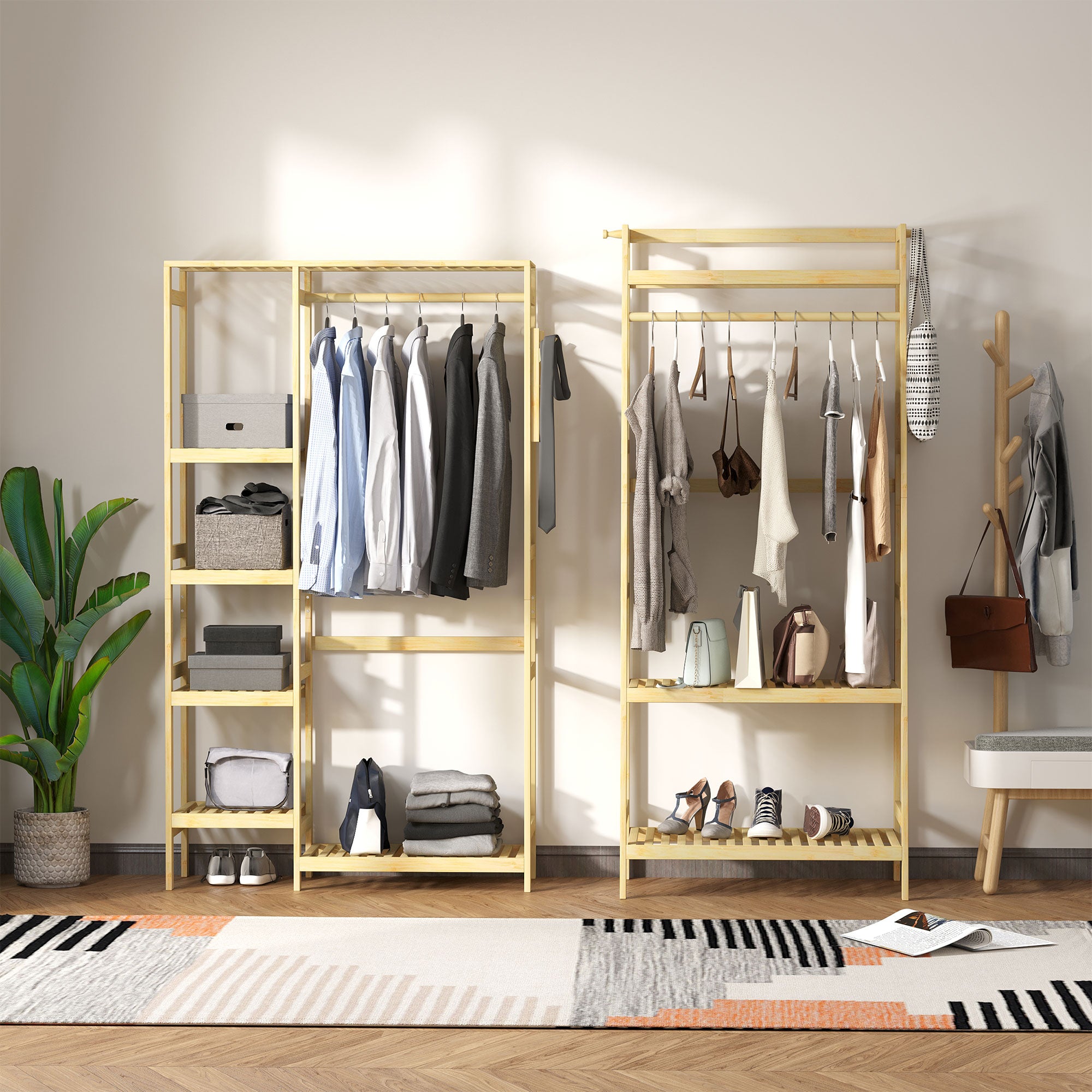Bamboo Coat Rack with 4-Tier Shelf, Bottom Rod, and Side Hooks for Clothes Bags Bedroom 90x30x155 cm Natural