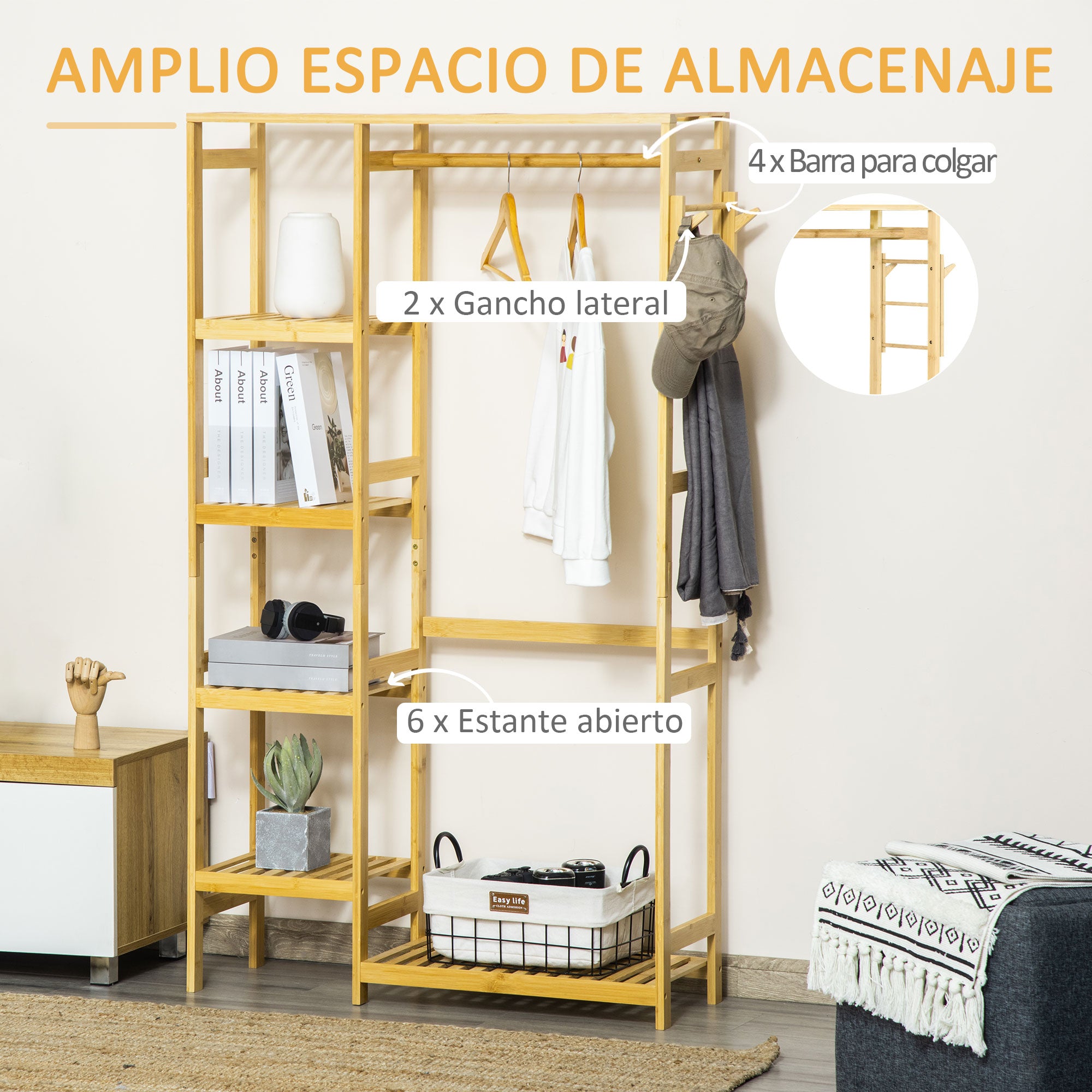 Bamboo Coat Rack with 4-Tier Shelf, Bottom Rod, and Side Hooks for Clothes Bags Bedroom 90x30x155 cm Natural