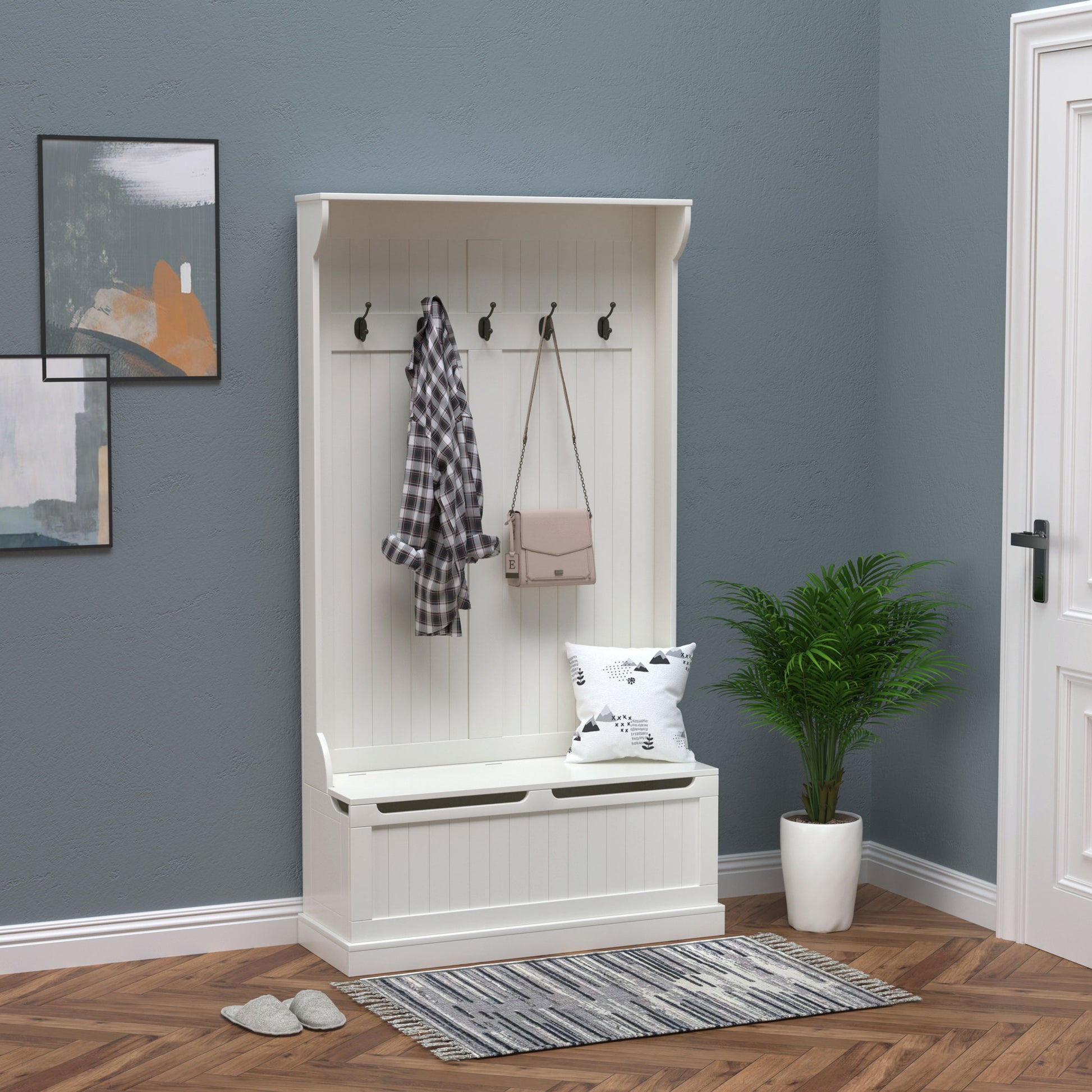 Coat Rack with Shoe Rack Bench Hall Tree Entryway Coat Stand with 5 Hooks and Storage Space for Entryway Hallway Living Room Bedroom 96x34x179.7cm Ivory