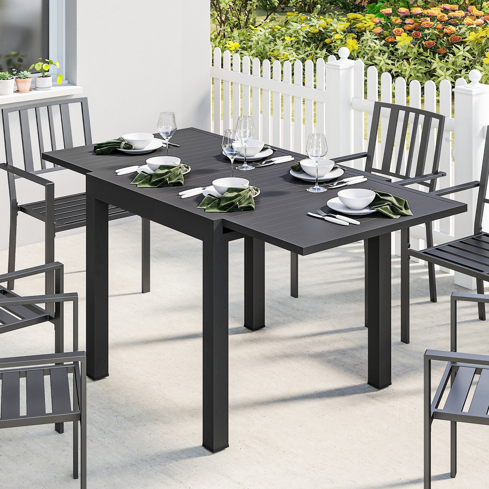 Extendable Outdoor Dining Table for 4–6, 31.5/63 x 31.5 in (80/160 x 80 cm) — Black Powder-Coated Aluminum Slatted Top