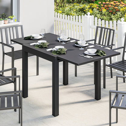Extendable Outdoor Dining Table for 4–6, 31.5/63 x 31.5 in (80/160 x 80 cm) — Black Powder-Coated Aluminum Slatted Top