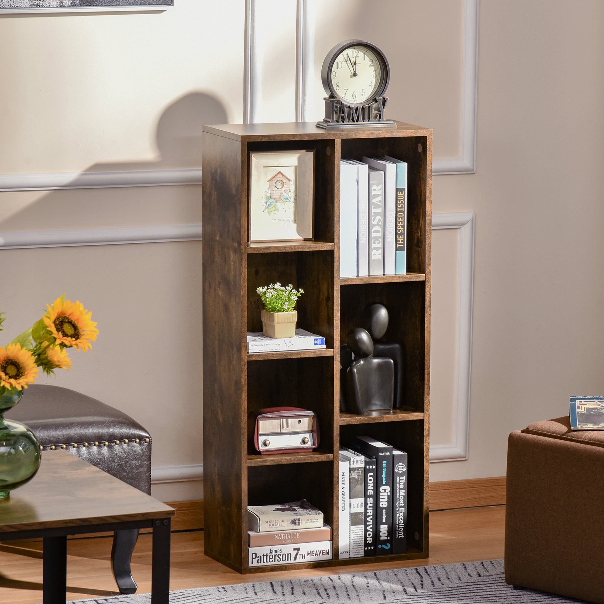 Bookshelf Wooden Bookcase with 7 Storage Compartments Plants Files for Living Room Bedroom Office 50x24x106 cm Rustic Brown