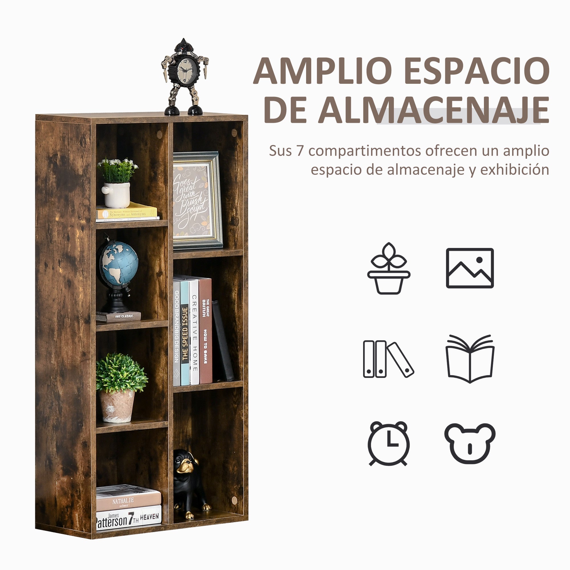 Bookshelf Wooden Bookcase with 7 Storage Compartments Plants Files for Living Room Bedroom Office 50x24x106 cm Rustic Brown
