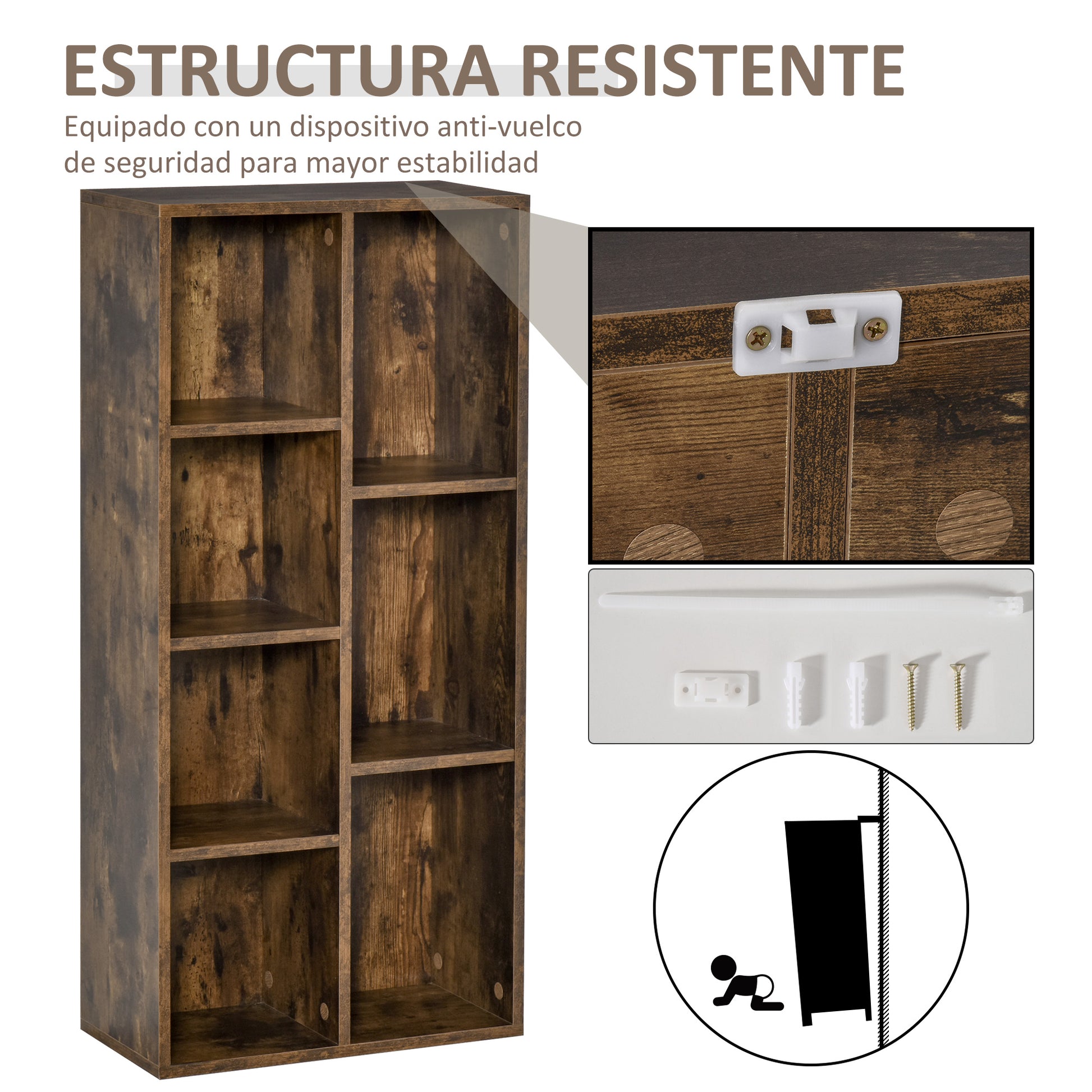 Bookshelf Wooden Bookcase with 7 Storage Compartments Plants Files for Living Room Bedroom Office 50x24x106 cm Rustic Brown