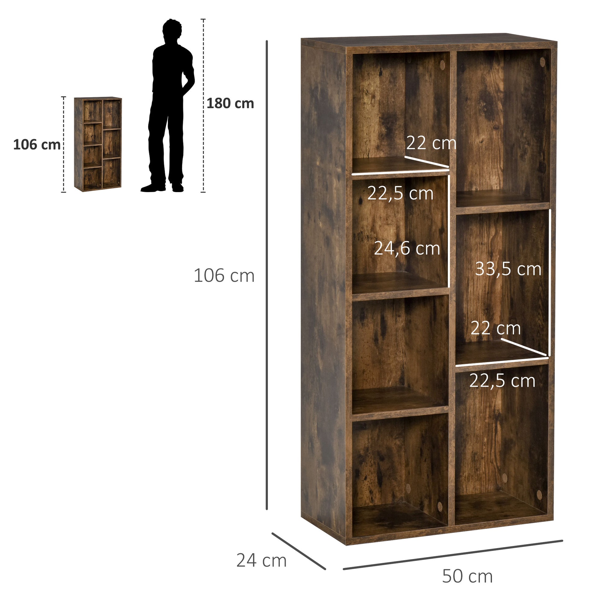Bookshelf Wooden Bookcase with 7 Storage Compartments Plants Files for Living Room Bedroom Office 50x24x106 cm Rustic Brown