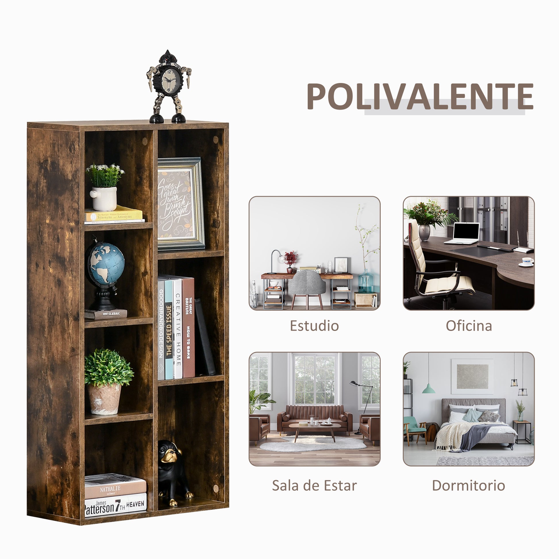 Bookshelf Wooden Bookcase with 7 Storage Compartments Plants Files for Living Room Bedroom Office 50x24x106 cm Rustic Brown