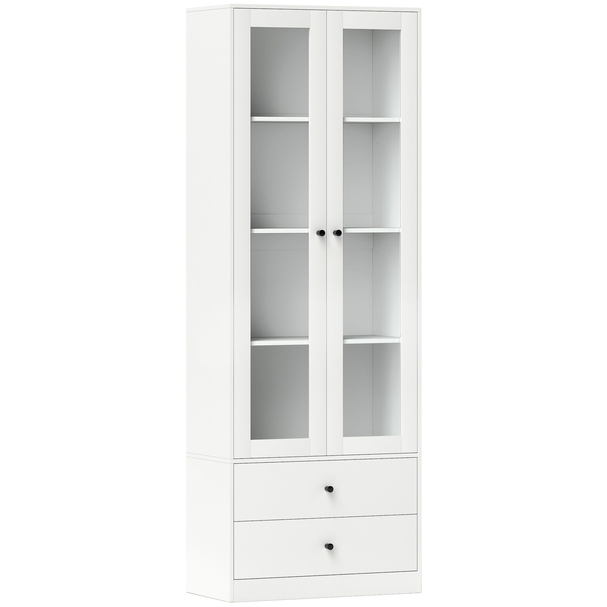 Living Room Storage Buffet Cabinet with Glass Doors, Adjustable Shelves, and 2 Drawers, Storage Cabinet for Living Room, Kitchen, Bedroom, 59 x 30 x 164 cm, White