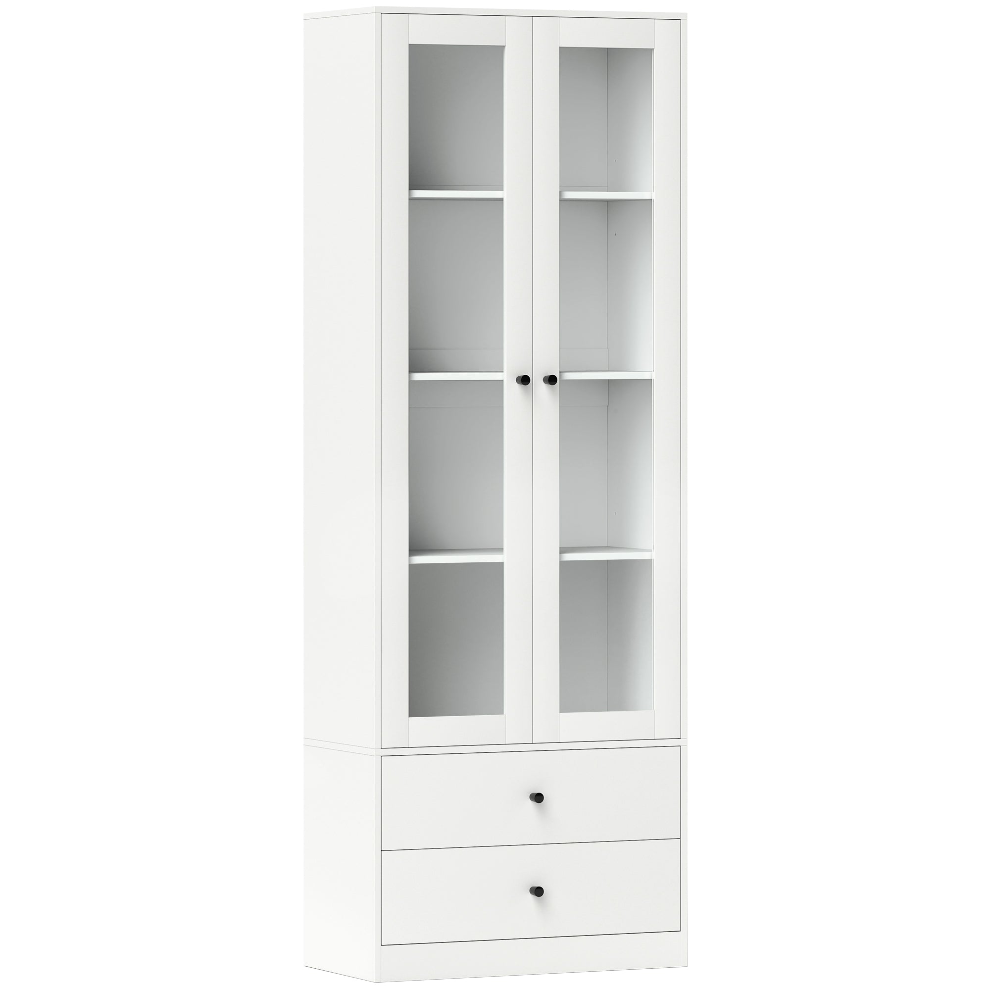 Living Room Storage Buffet Cabinet with Glass Doors, Adjustable Shelves, and 2 Drawers, Storage Cabinet for Living Room, Kitchen, Bedroom, 59 x 30 x 164 cm, White