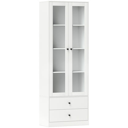 Living Room Storage Buffet Cabinet with Glass Doors, Adjustable Shelves, and 2 Drawers, Storage Cabinet for Living Room, Kitchen, Bedroom, 59 x 30 x 164 cm, White