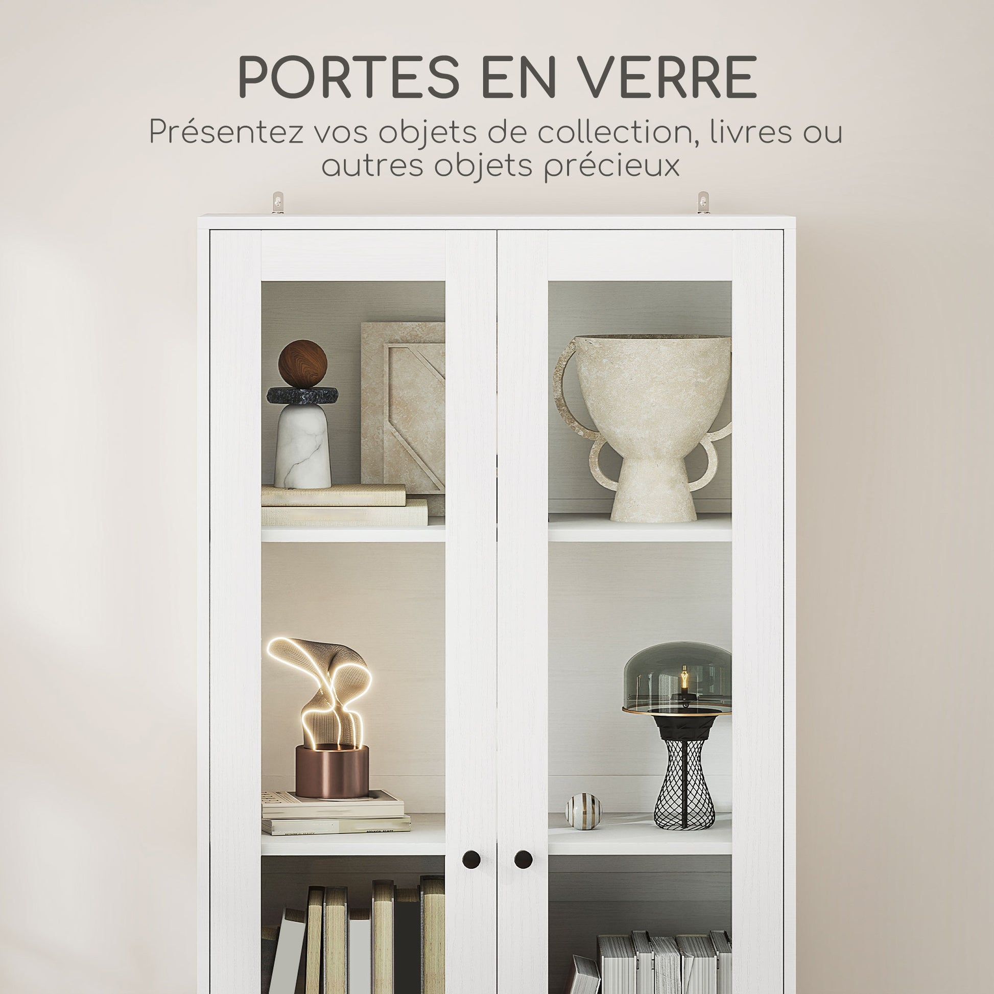 Living Room Storage Buffet Cabinet with Glass Doors, Adjustable Shelves, and 2 Drawers, Storage Cabinet for Living Room, Kitchen, Bedroom, 59 x 30 x 164 cm, White