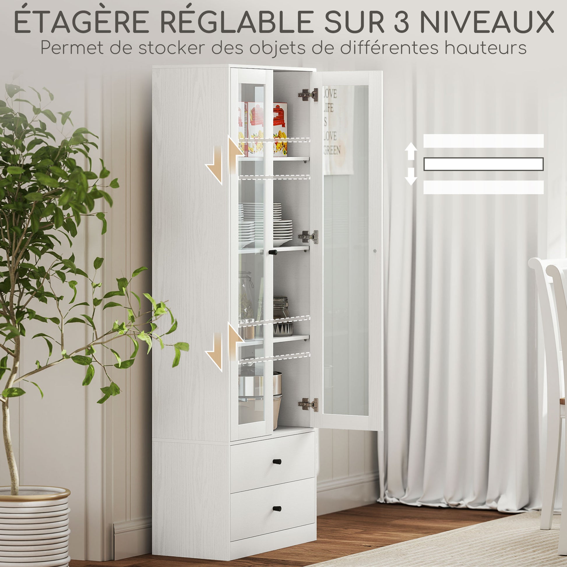 Living Room Storage Buffet Cabinet with Glass Doors, Adjustable Shelves, and 2 Drawers, Storage Cabinet for Living Room, Kitchen, Bedroom, 59 x 30 x 164 cm, White