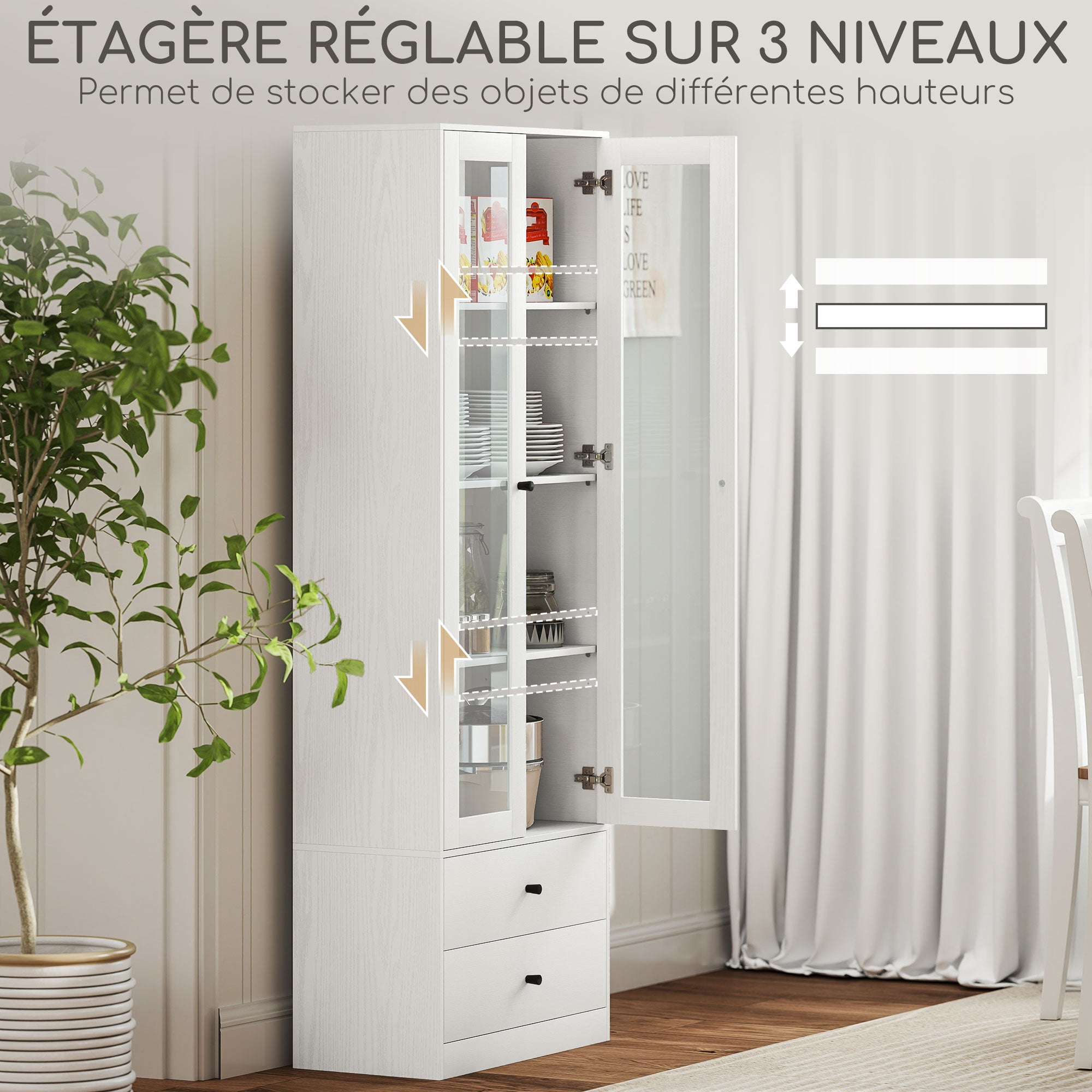 Living Room Storage Buffet Cabinet with Glass Doors, Adjustable Shelves, and 2 Drawers, Storage Cabinet for Living Room, Kitchen, Bedroom, 59 x 30 x 164 cm, White