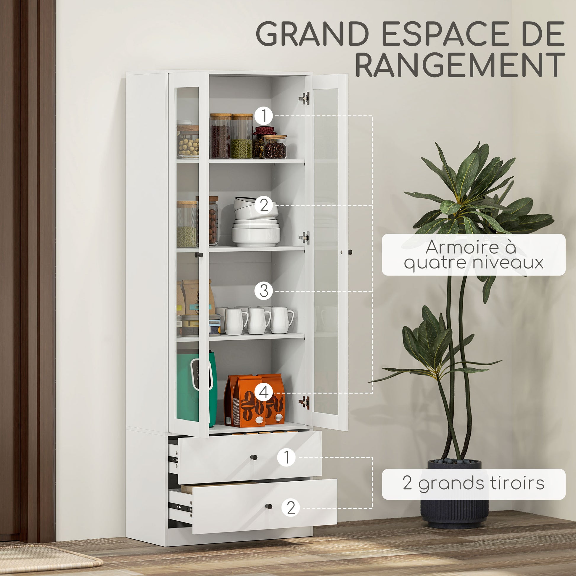 Living Room Storage Buffet Cabinet with Glass Doors, Adjustable Shelves, and 2 Drawers, Storage Cabinet for Living Room, Kitchen, Bedroom, 59 x 30 x 164 cm, White