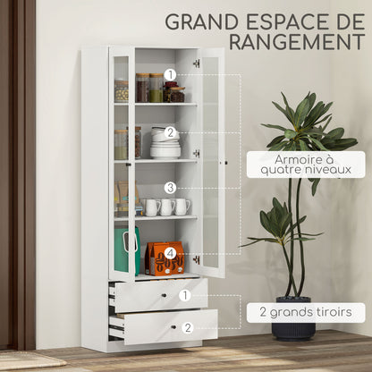 Living Room Storage Buffet Cabinet with Glass Doors, Adjustable Shelves, and 2 Drawers, Storage Cabinet for Living Room, Kitchen, Bedroom, 59 x 30 x 164 cm, White
