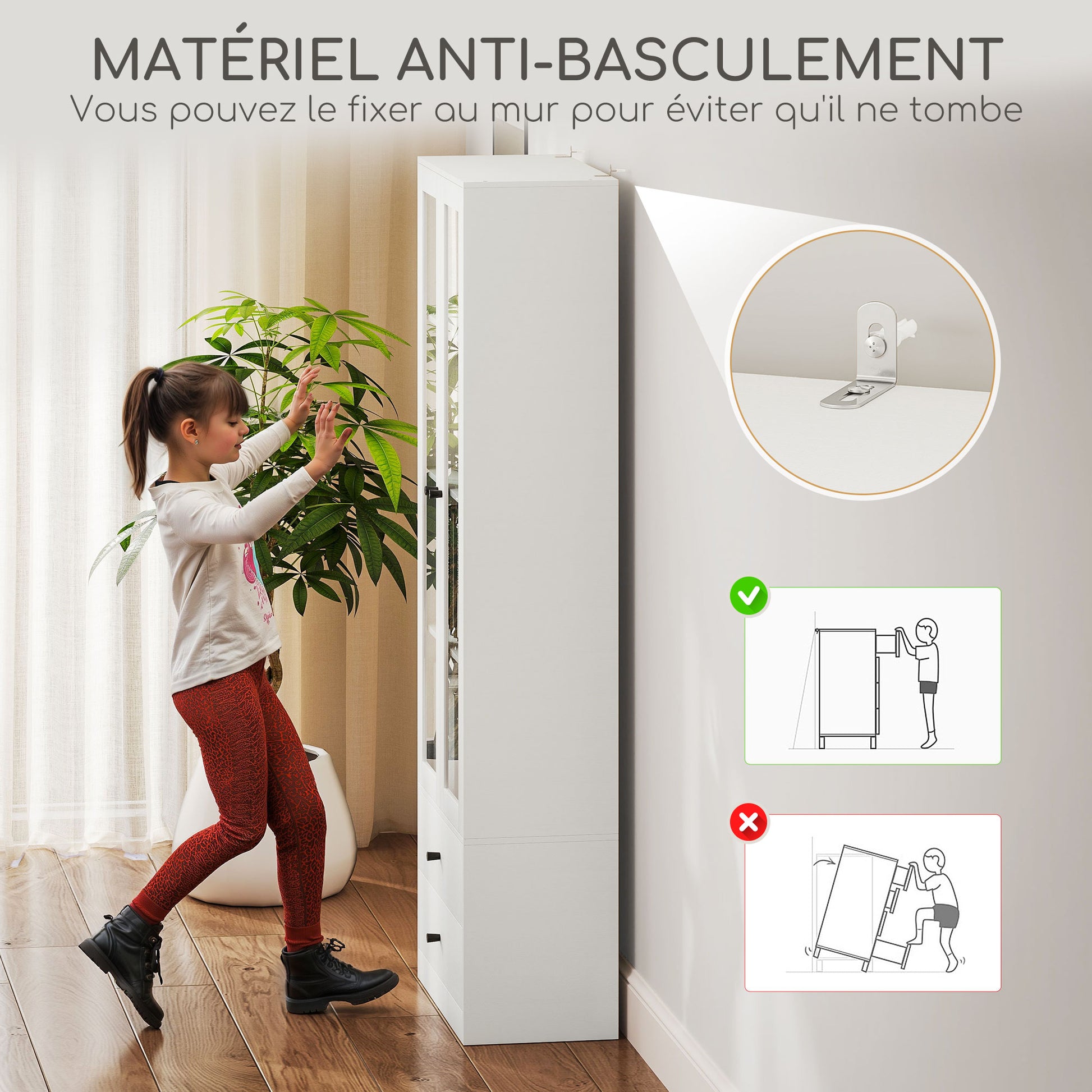 Living Room Storage Buffet Cabinet with Glass Doors, Adjustable Shelves, and 2 Drawers, Storage Cabinet for Living Room, Kitchen, Bedroom, 59 x 30 x 164 cm, White