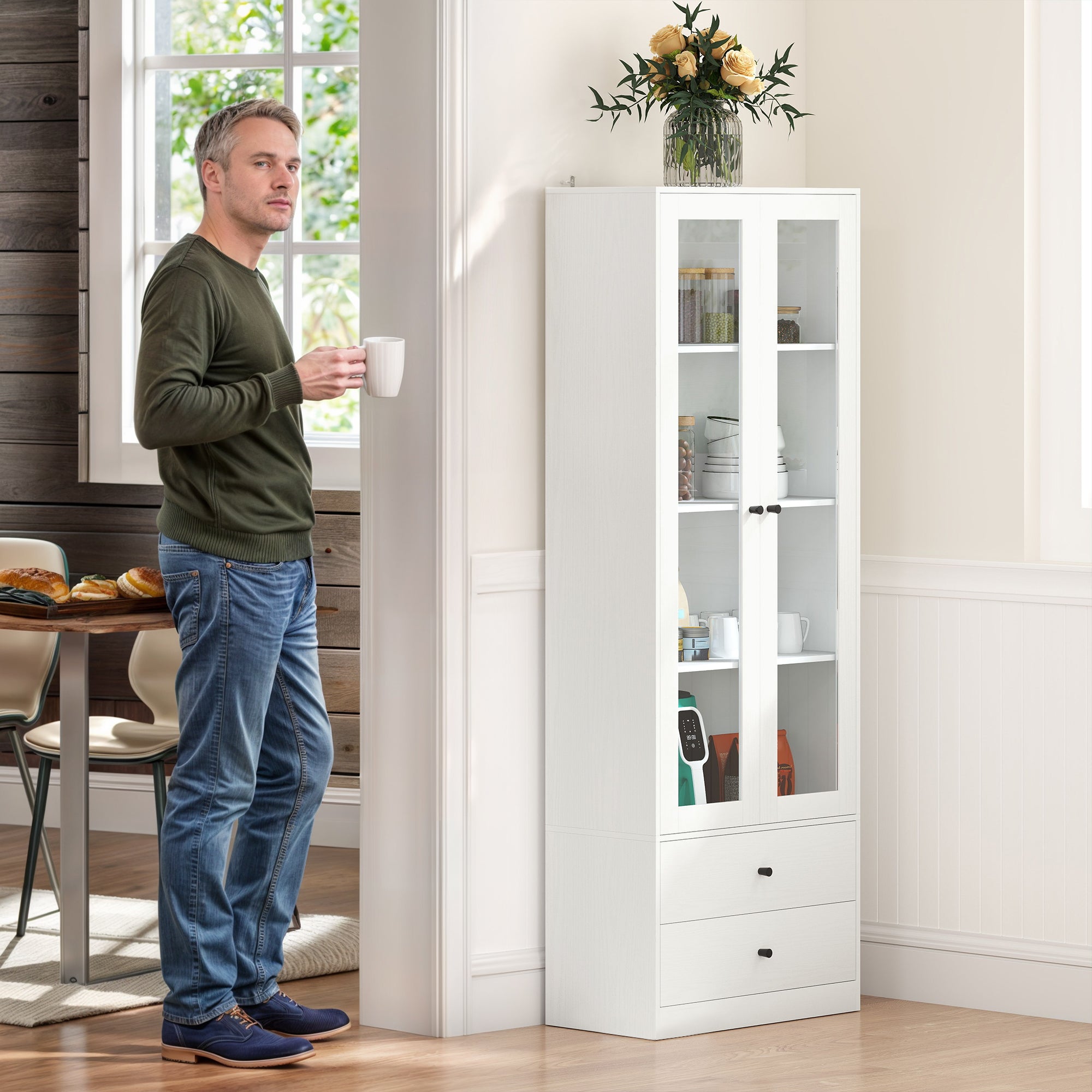Living Room Storage Buffet Cabinet with Glass Doors, Adjustable Shelves, and 2 Drawers, Storage Cabinet for Living Room, Kitchen, Bedroom, 59 x 30 x 164 cm, White
