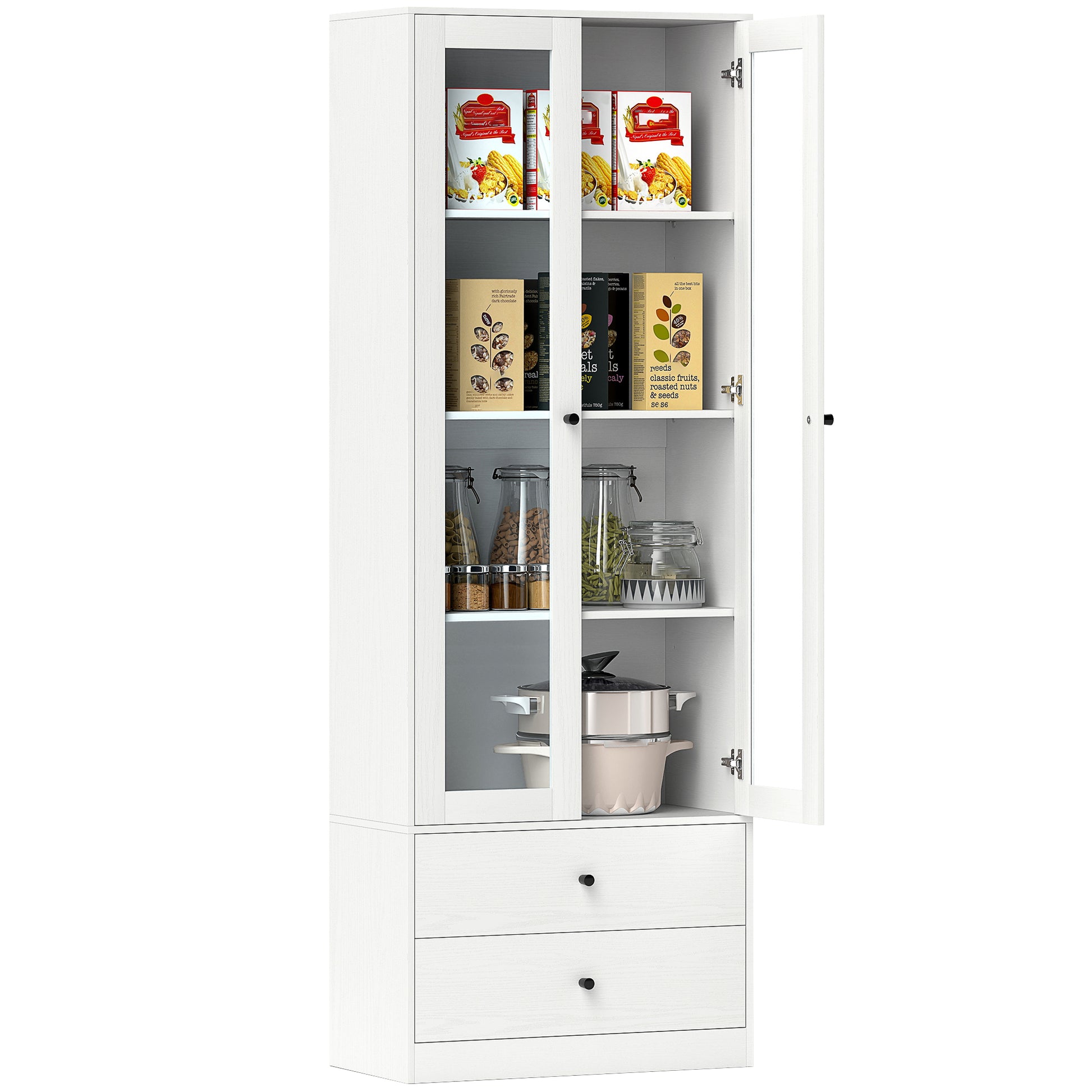 Living Room Storage Buffet Cabinet with Glass Doors, Adjustable Shelves, and 2 Drawers, Storage Cabinet for Living Room, Kitchen, Bedroom, 59 x 30 x 164 cm, White