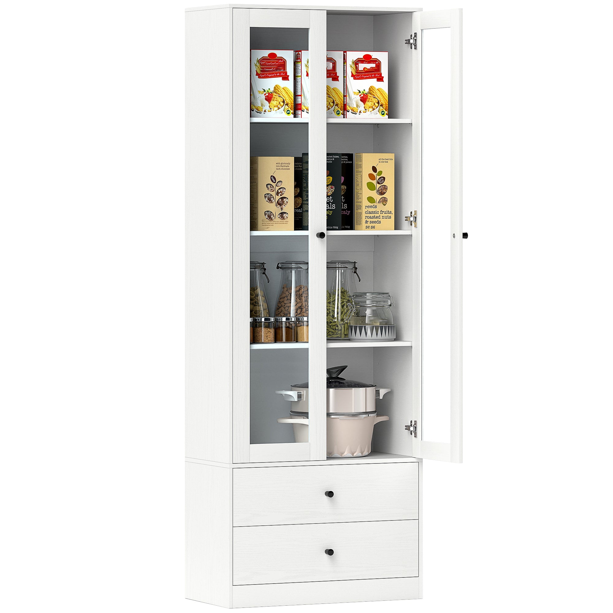 Living Room Storage Buffet Cabinet with Glass Doors, Adjustable Shelves, and 2 Drawers, Storage Cabinet for Living Room, Kitchen, Bedroom, 59 x 30 x 164 cm, White