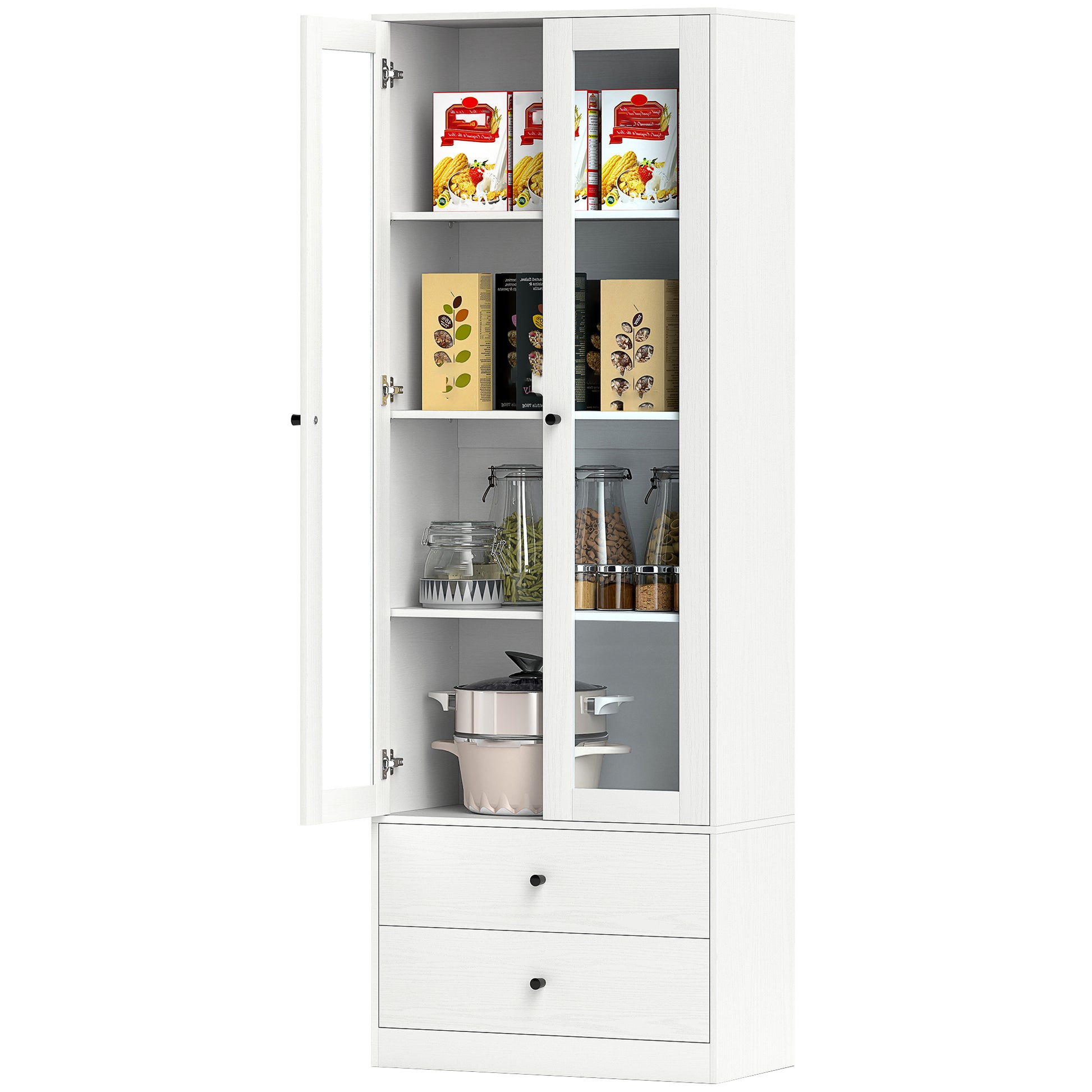Living Room Storage Buffet Cabinet with Glass Doors, Adjustable Shelves, and 2 Drawers, Storage Cabinet for Living Room, Kitchen, Bedroom, 59 x 30 x 164 cm, White