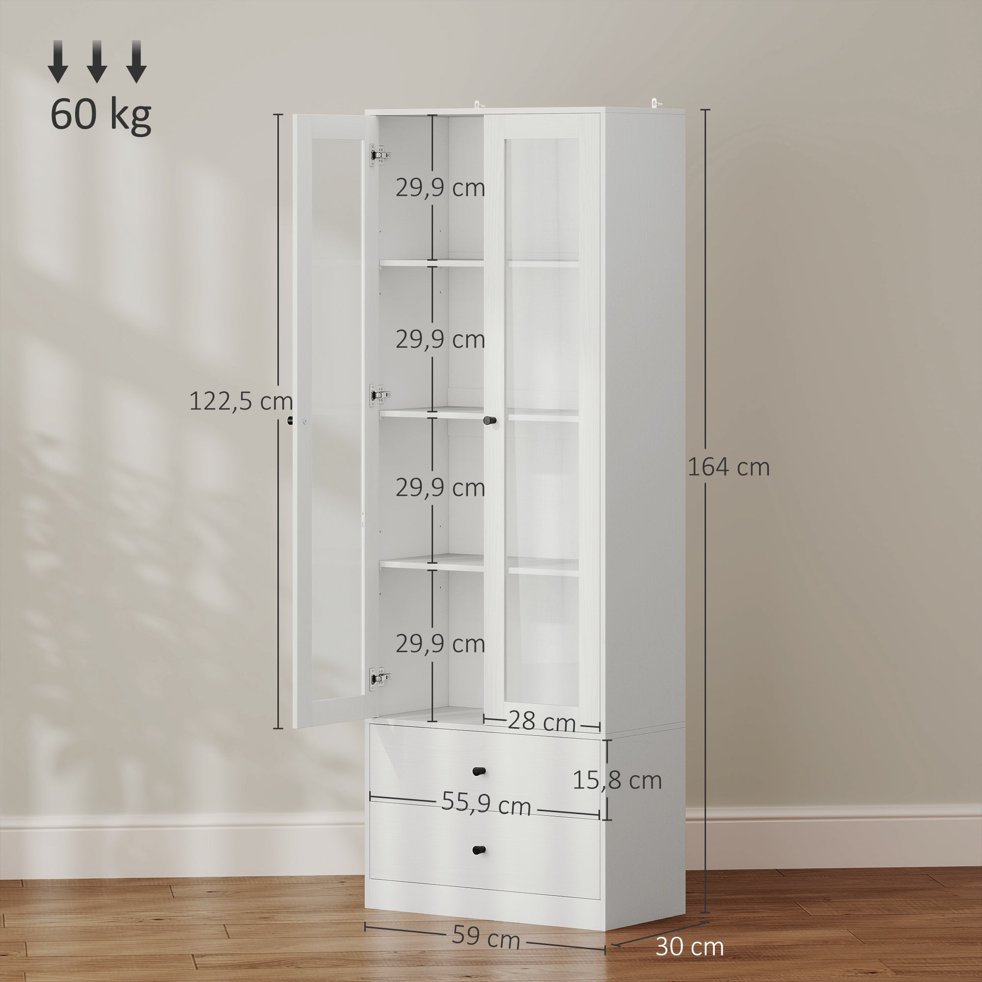 Living Room Storage Buffet Cabinet with Glass Doors, Adjustable Shelves, and 2 Drawers, Storage Cabinet for Living Room, Kitchen, Bedroom, 59 x 30 x 164 cm, White