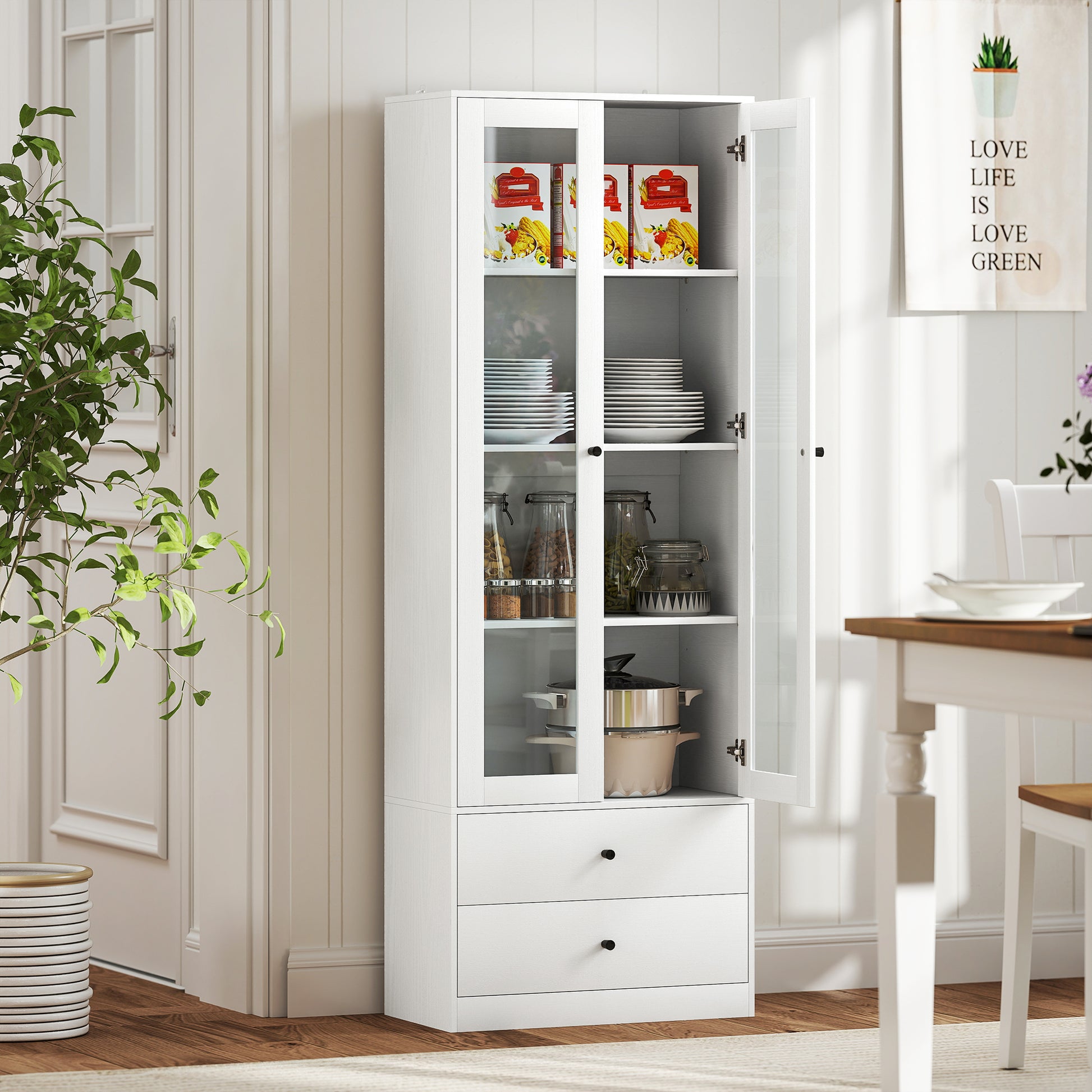 Living Room Storage Buffet Cabinet with Glass Doors, Adjustable Shelves, and 2 Drawers, Storage Cabinet for Living Room, Kitchen, Bedroom, 59 x 30 x 164 cm, White