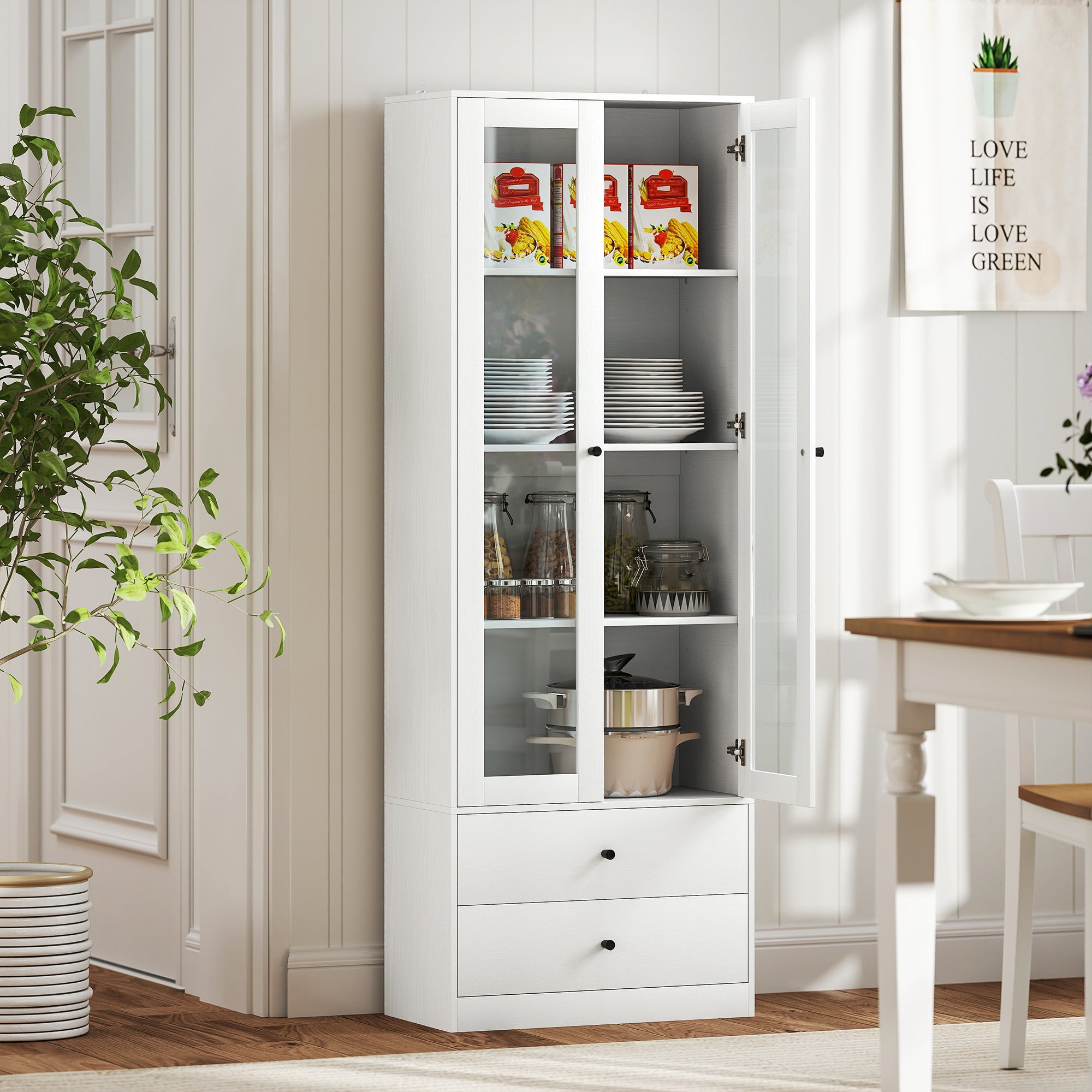 Living Room Storage Buffet Cabinet with Glass Doors, Adjustable Shelves, and 2 Drawers, Storage Cabinet for Living Room, Kitchen, Bedroom, 59 x 30 x 164 cm, White