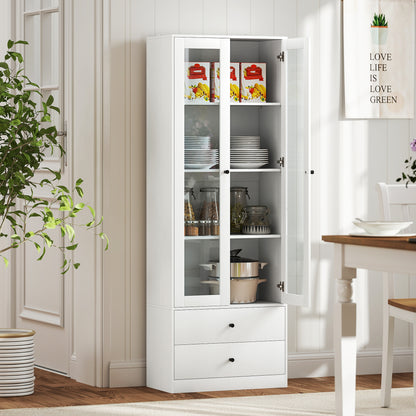 Living Room Storage Buffet Cabinet with Glass Doors, Adjustable Shelves, and 2 Drawers, Storage Cabinet for Living Room, Kitchen, Bedroom, 59 x 30 x 164 cm, White
