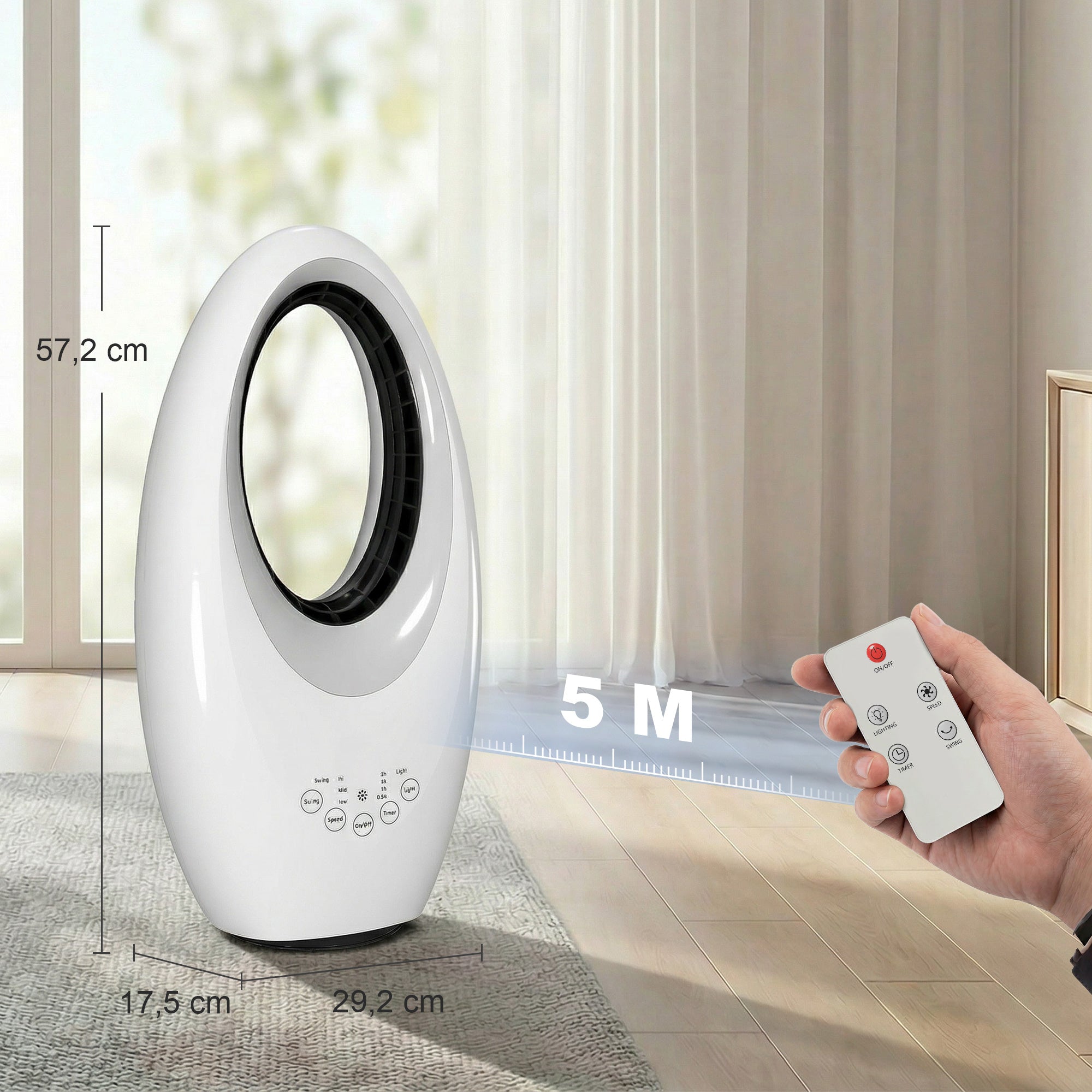 Bladeless Tower Fan for Bedroom, 36 dB Quiet, 60° Oscillation, LED Lighting, 3 Speeds, 7.5-Hour Timer, Remote Control, White