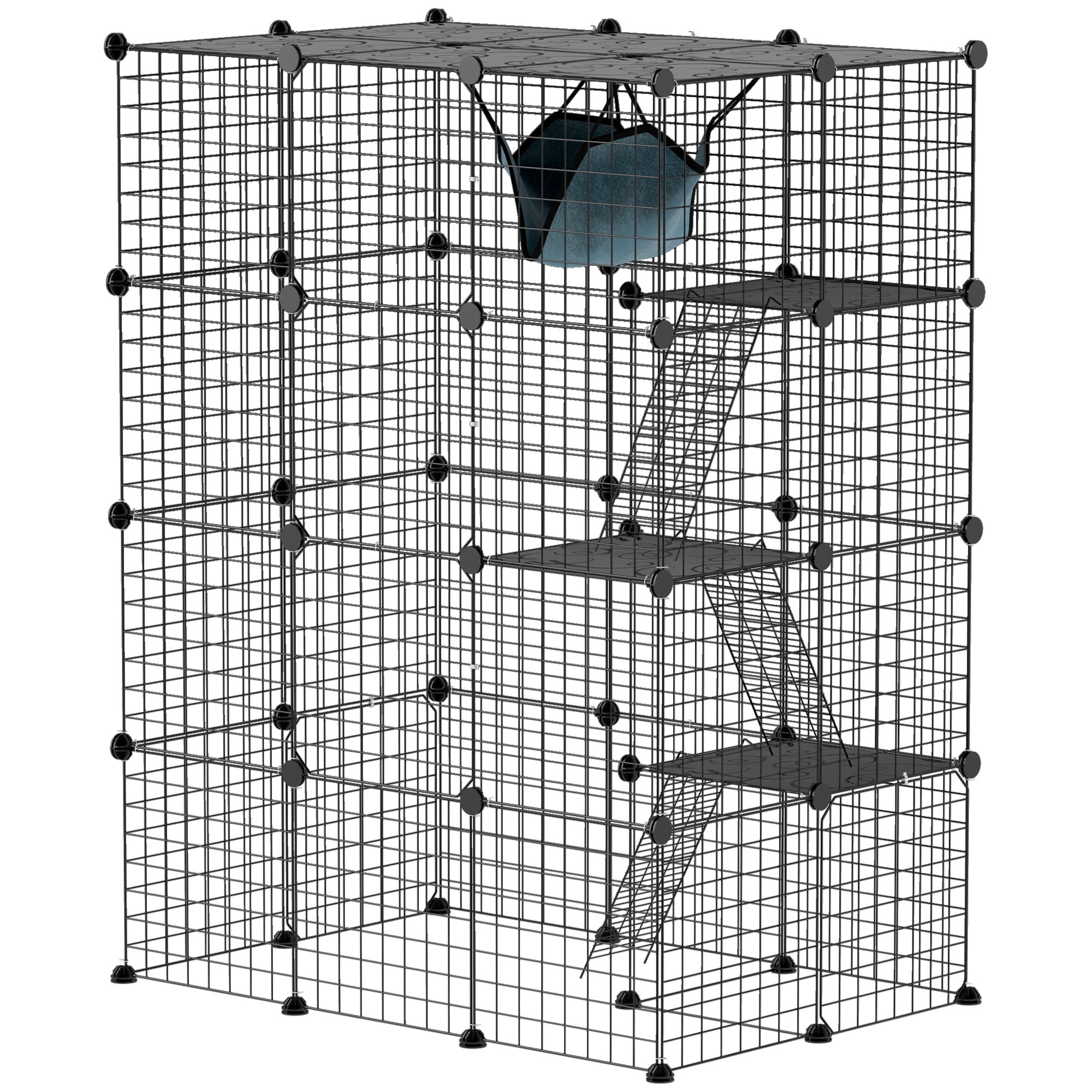 Pet Fence, Indoor Rabbit Enclosure, 4 Levels, Modular Enclosure for Small Animals, Rabbits, Wire Panels, 105 x 70 x 140 cm, Black