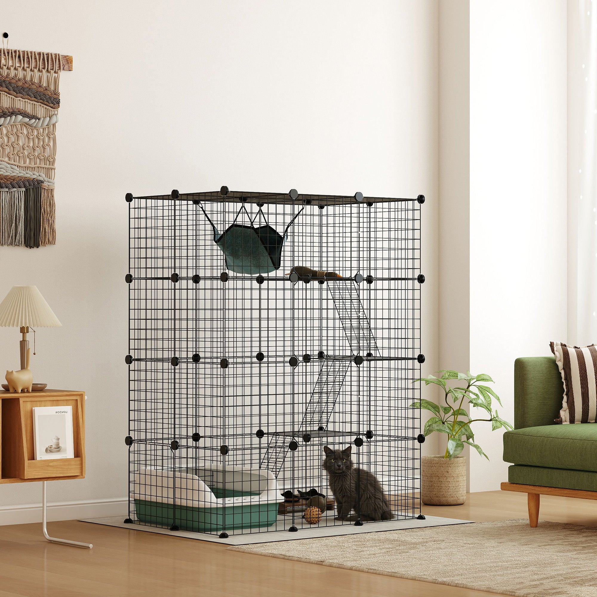 Pet Fence, Indoor Rabbit Enclosure, 4 Levels, Modular Enclosure for Small Animals, Rabbits, Wire Panels, 105 x 70 x 140 cm, Black