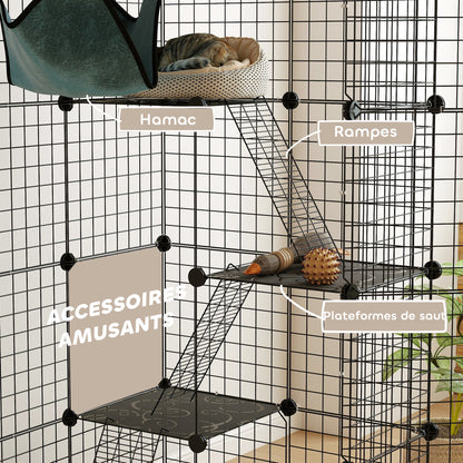 Pet Fence, Indoor Rabbit Enclosure, 4 Levels, Modular Enclosure for Small Animals, Rabbits, Wire Panels, 105 x 70 x 140 cm, Black