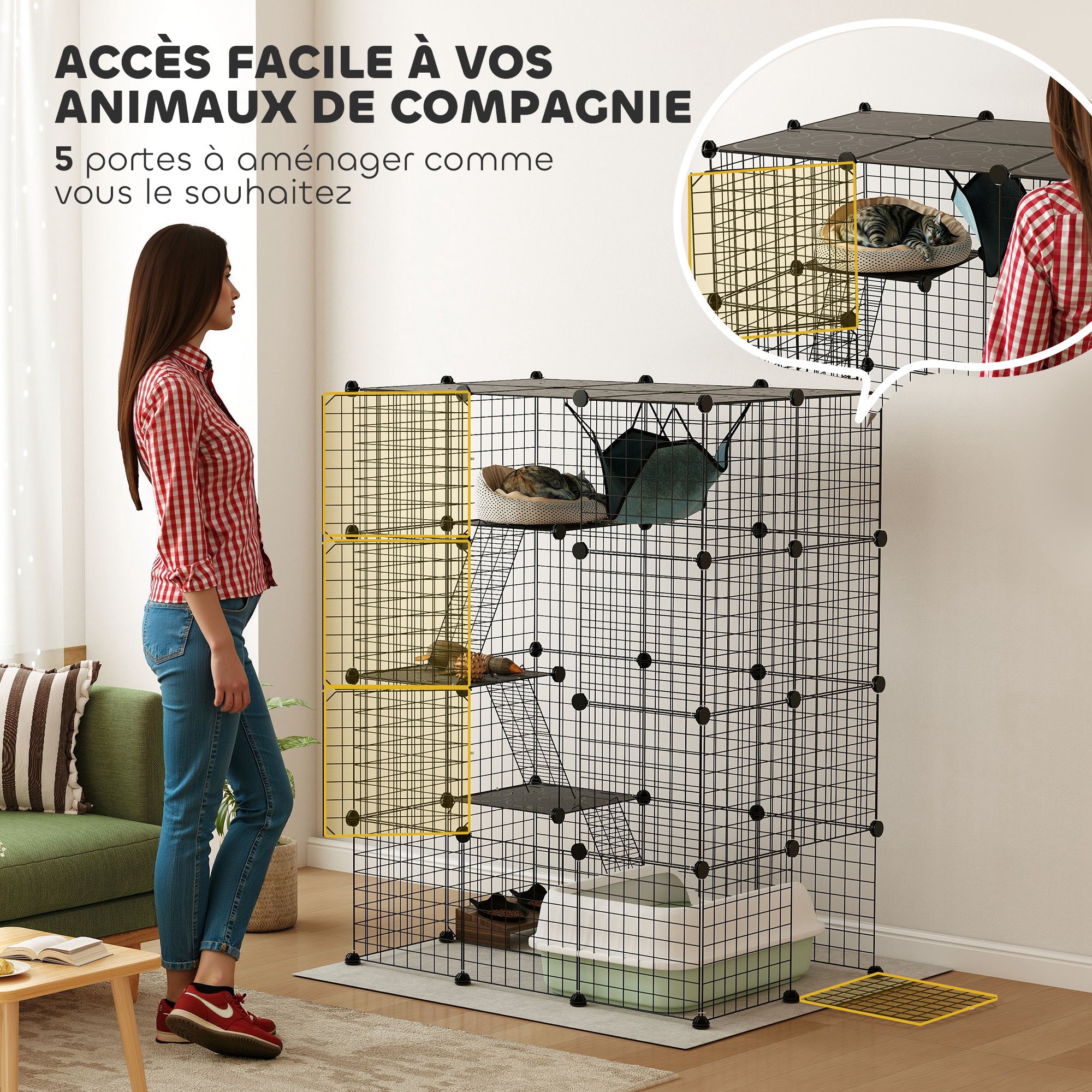 Pet Fence, Indoor Rabbit Enclosure, 4 Levels, Modular Enclosure for Small Animals, Rabbits, Wire Panels, 105 x 70 x 140 cm, Black