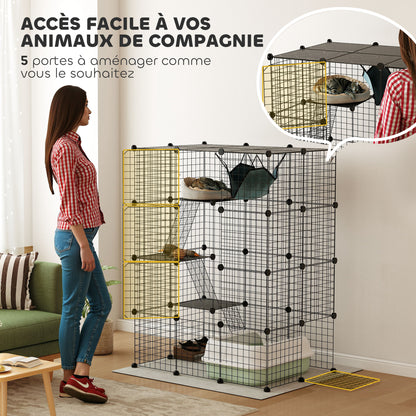 Pet Fence, Indoor Rabbit Enclosure, 4 Levels, Modular Enclosure for Small Animals, Rabbits, Wire Panels, 105 x 70 x 140 cm, Black