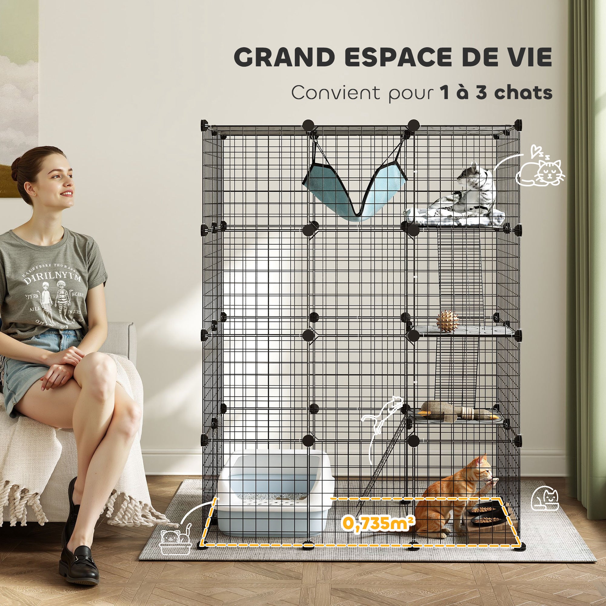 Pet Fence, Indoor Rabbit Enclosure, 4 Levels, Modular Enclosure for Small Animals, Rabbits, Wire Panels, 105 x 70 x 140 cm, Black