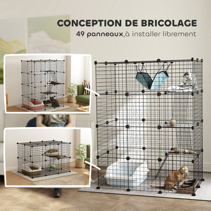 Pet Fence, Indoor Rabbit Enclosure, 4 Levels, Modular Enclosure for Small Animals, Rabbits, Wire Panels, 105 x 70 x 140 cm, Black