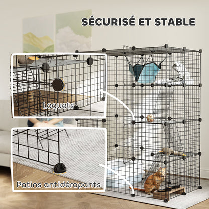 Pet Fence, Indoor Rabbit Enclosure, 4 Levels, Modular Enclosure for Small Animals, Rabbits, Wire Panels, 105 x 70 x 140 cm, Black