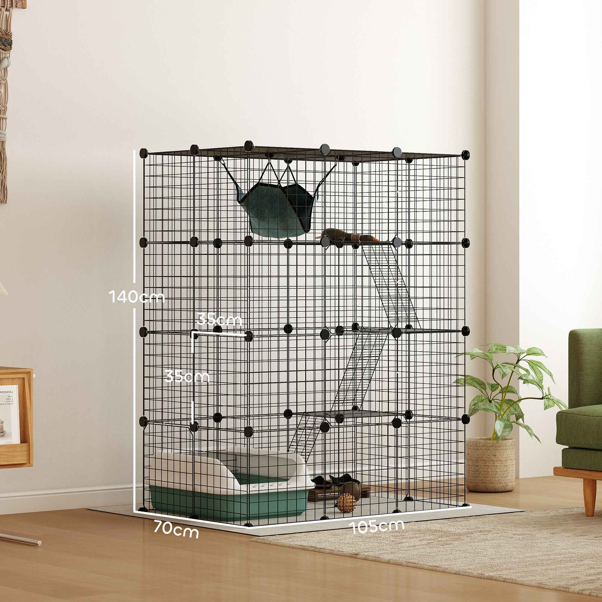Pet Fence, Indoor Rabbit Enclosure, 4 Levels, Modular Enclosure for Small Animals, Rabbits, Wire Panels, 105 x 70 x 140 cm, Black