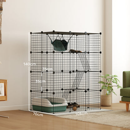 Pet Fence, Indoor Rabbit Enclosure, 4 Levels, Modular Enclosure for Small Animals, Rabbits, Wire Panels, 105 x 70 x 140 cm, Black