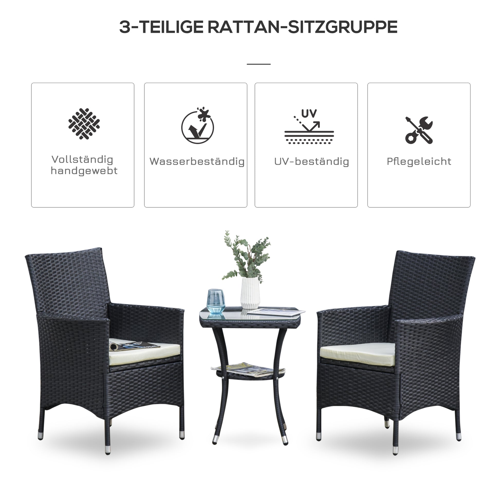 Poly Rattan Garden Furniture Set, Outdoor Lounge Balcony Furniture for 2 Persons, 3-Piece Seating Group, 2 Chairs, Table Seat Cushions, Garden Lounge for Garden, Terrace, Balcony, Black