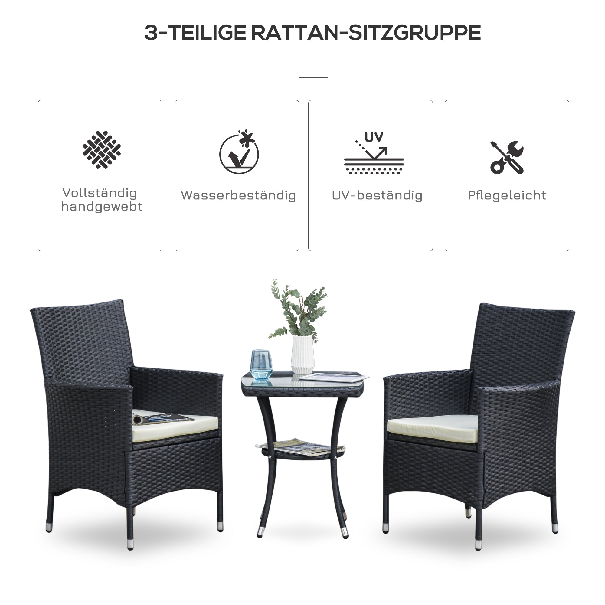 Poly Rattan Garden Furniture Set, Outdoor Lounge Balcony Furniture for 2 Persons, 3-Piece Seating Group, 2 Chairs, Table Seat Cushions, Garden Lounge for Garden, Terrace, Balcony, Black