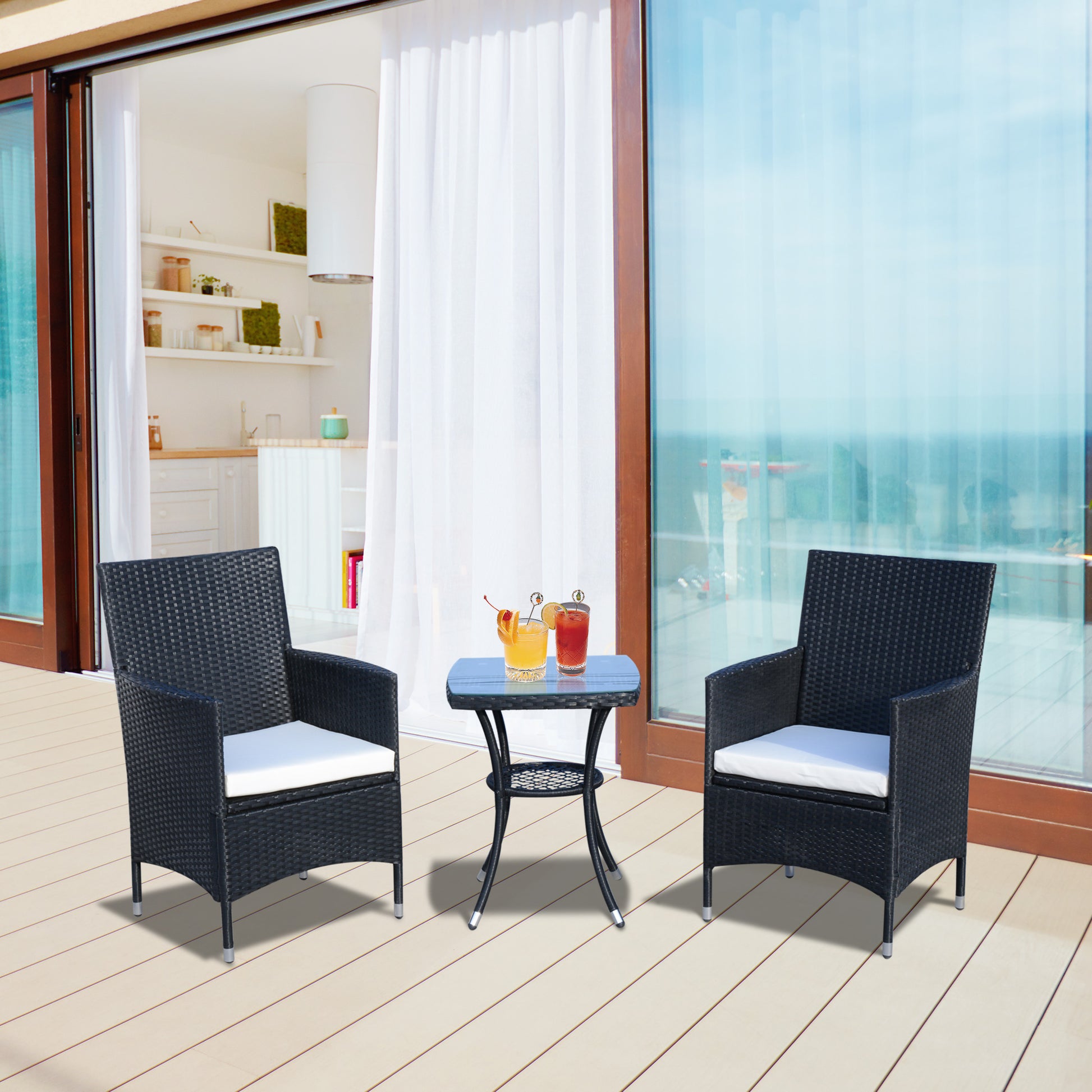 Poly Rattan Garden Furniture Set, Outdoor Lounge Balcony Furniture for 2 Persons, 3-Piece Seating Group, 2 Chairs, Table Seat Cushions, Garden Lounge for Garden, Terrace, Balcony, Black